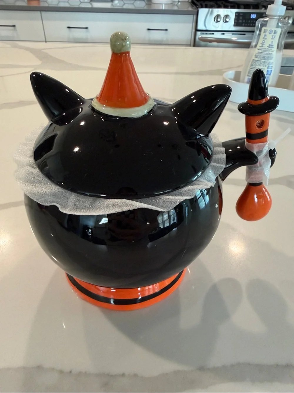 Black & Orange Halloween Cat Ceramic Sugar Bowl with Spoon